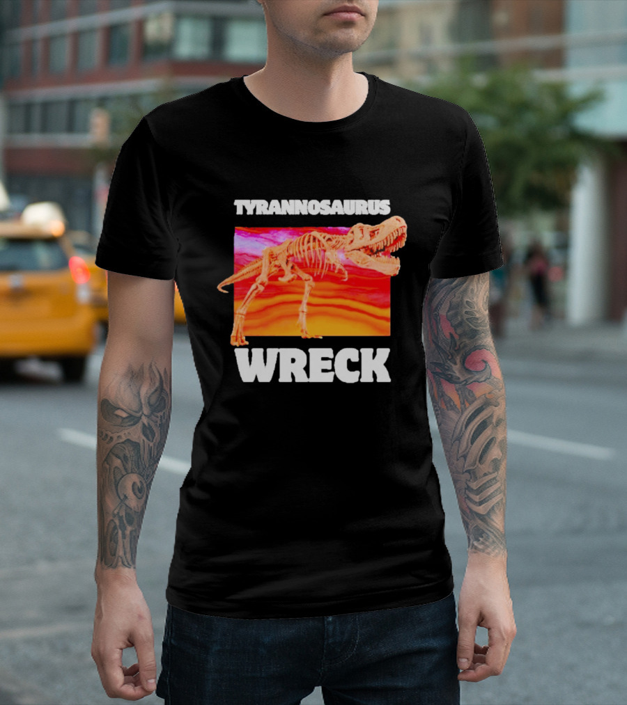 Tyrannosaurus Wreck Dinosaur Pun With Rex Skeleton On Sunset T-Shirt