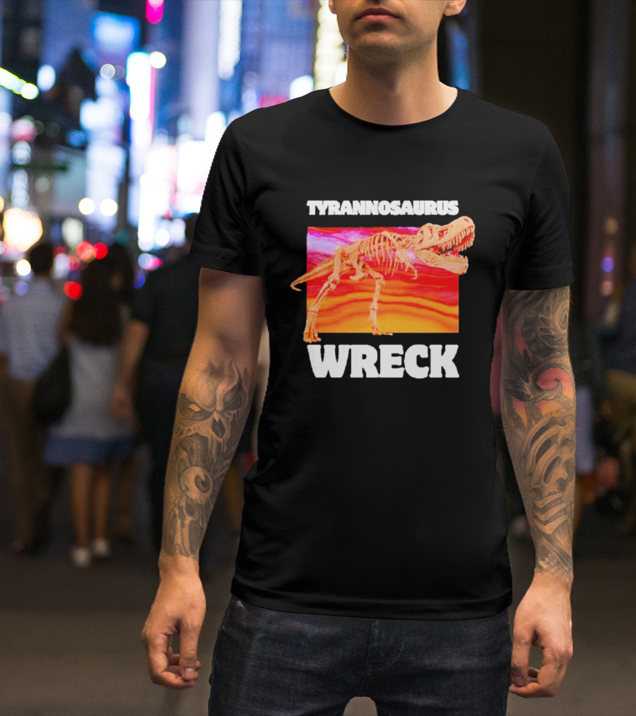 Tyrannosaurus Wreck Dinosaur Pun With Rex Skeleton On Sunset T-Shirt