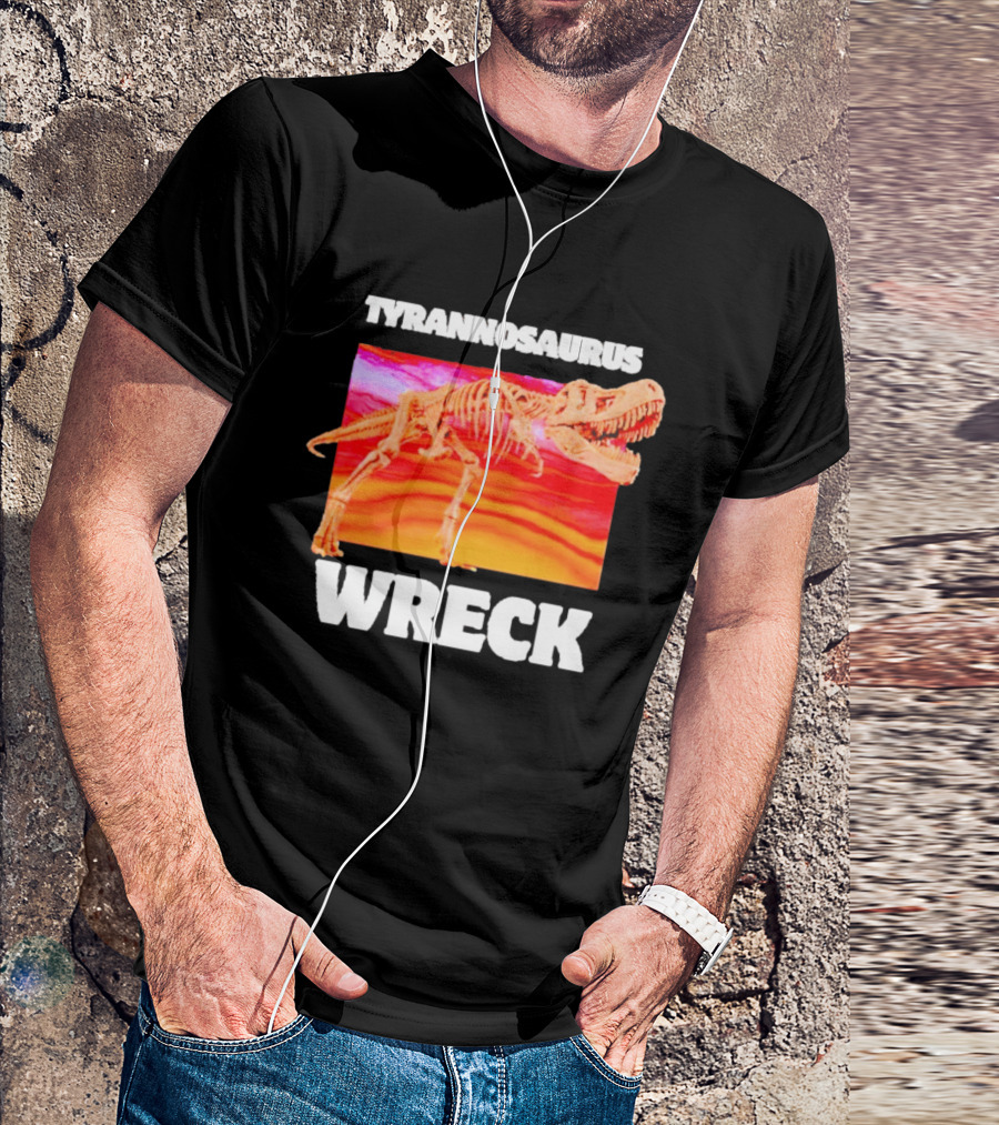 Tyrannosaurus Wreck Dinosaur Pun With Rex Skeleton On Sunset T-Shirt