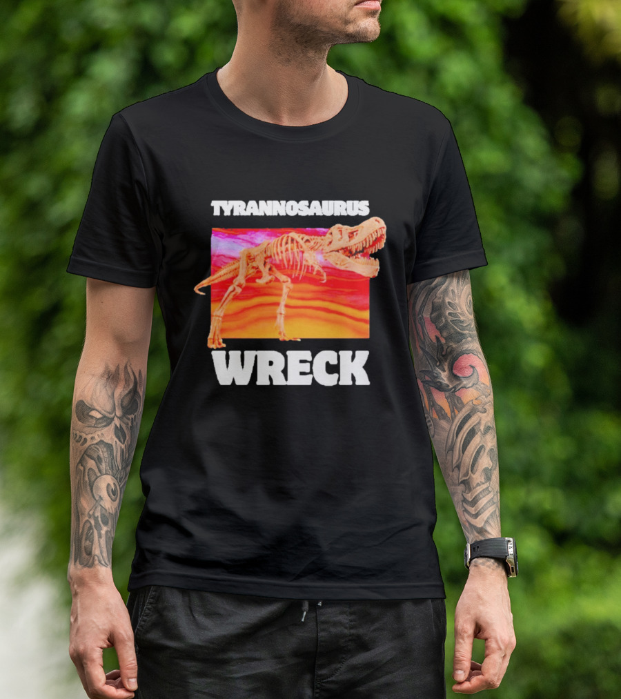 Tyrannosaurus Wreck Dinosaur Pun With Rex Skeleton On Sunset T-Shirt
