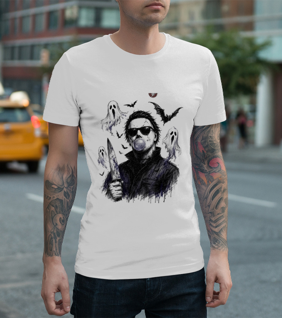Michael Myers Bubble Gum Slasher Spooky Season Movie Ghosts And Bats T-Shirt