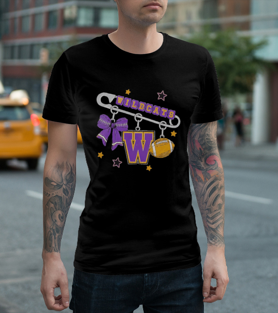 Wildcats Safety Pin Bow W Football Charm Distressed T-Shirt