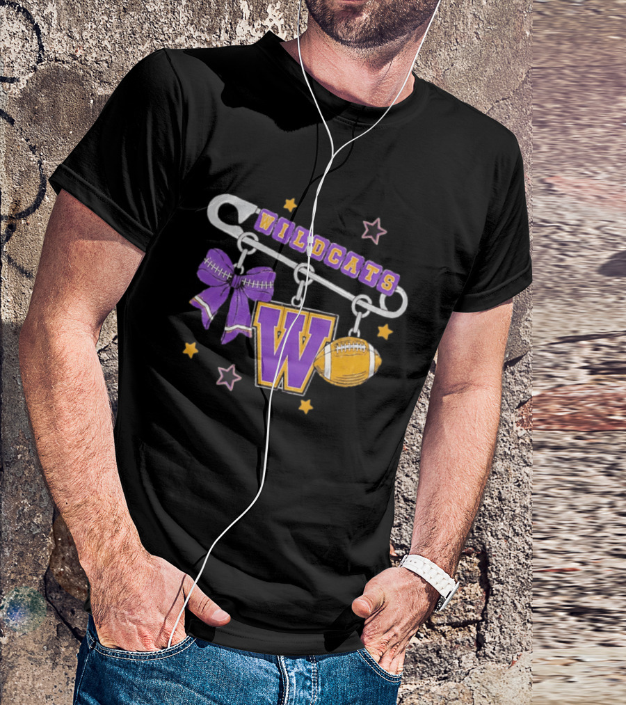 Wildcats Safety Pin Bow W Football Charm Distressed T-Shirt