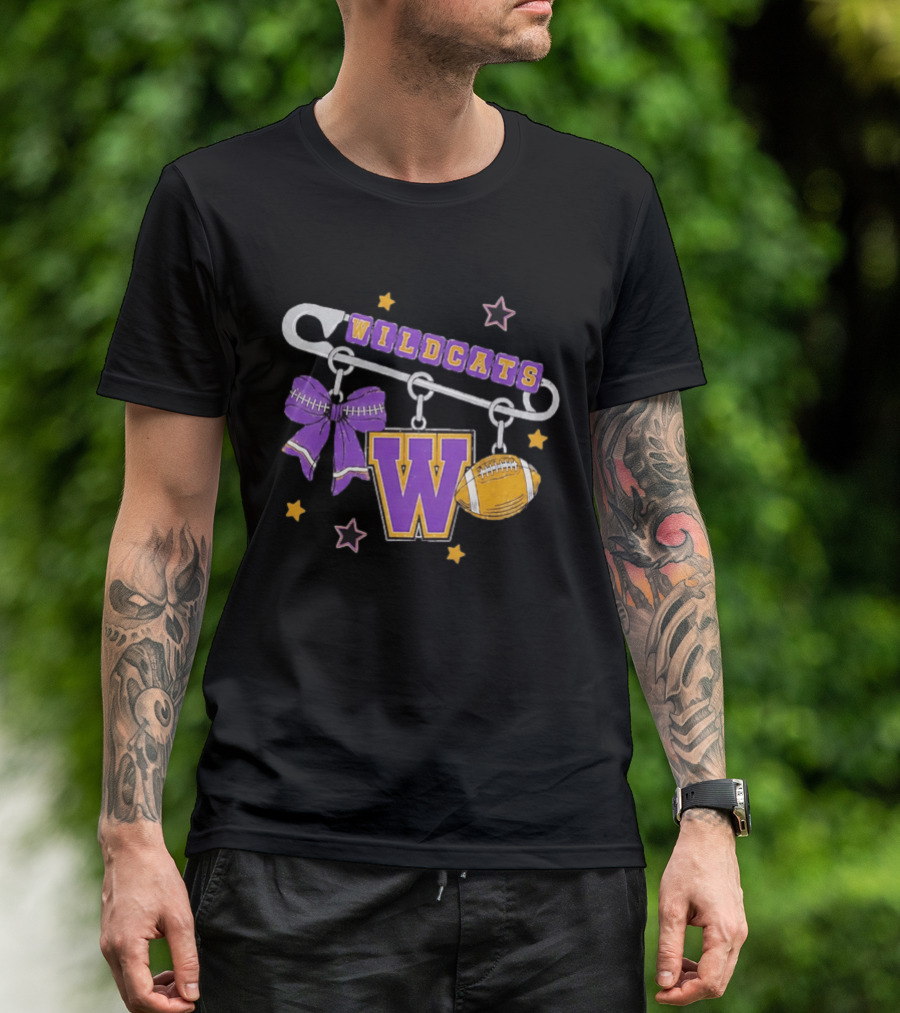 Wildcats Safety Pin Bow W Football Charm Distressed T-Shirt