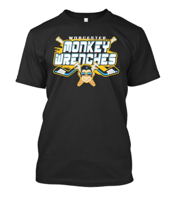 Worcester Monkey Wrenches Hockey Player Monkey With Crossed Wrenches And Hockey Sticks T-Shirt