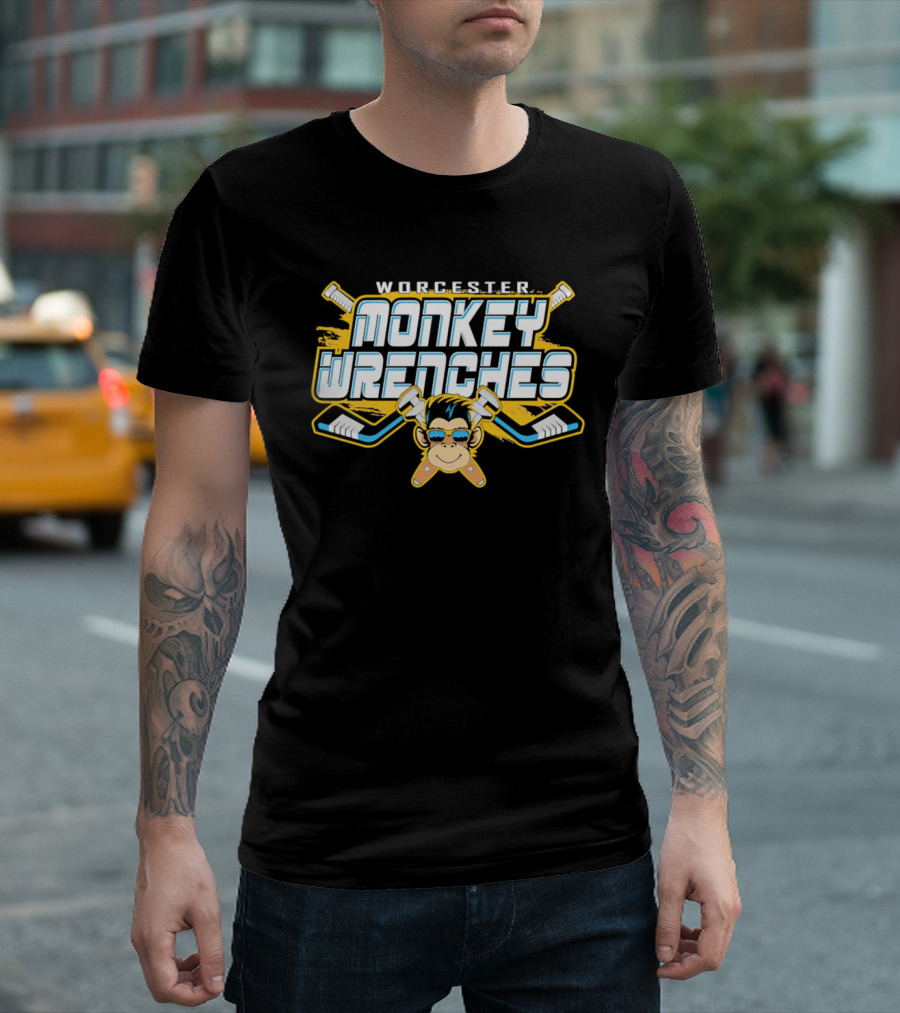 Worcester Monkey Wrenches Hockey Player Monkey With Crossed Wrenches And Hockey Sticks T-Shirt