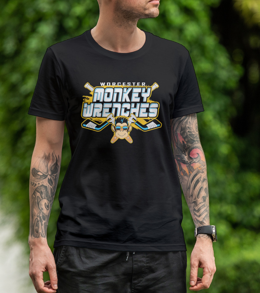 Worcester Monkey Wrenches Hockey Player Monkey With Crossed Wrenches And Hockey Sticks T-Shirt