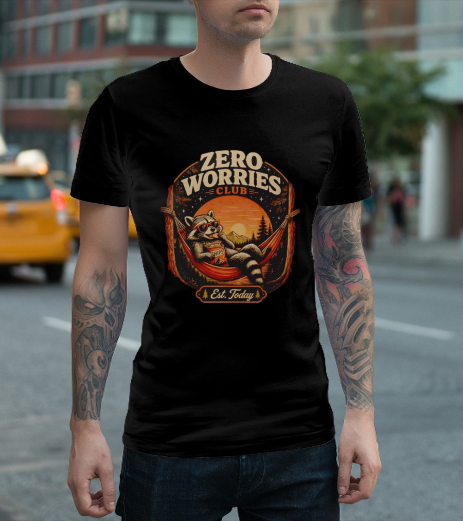 Zero Worries Club Raccoon Relaxing In Hammock Eating Chips At Sunset T-Shirt