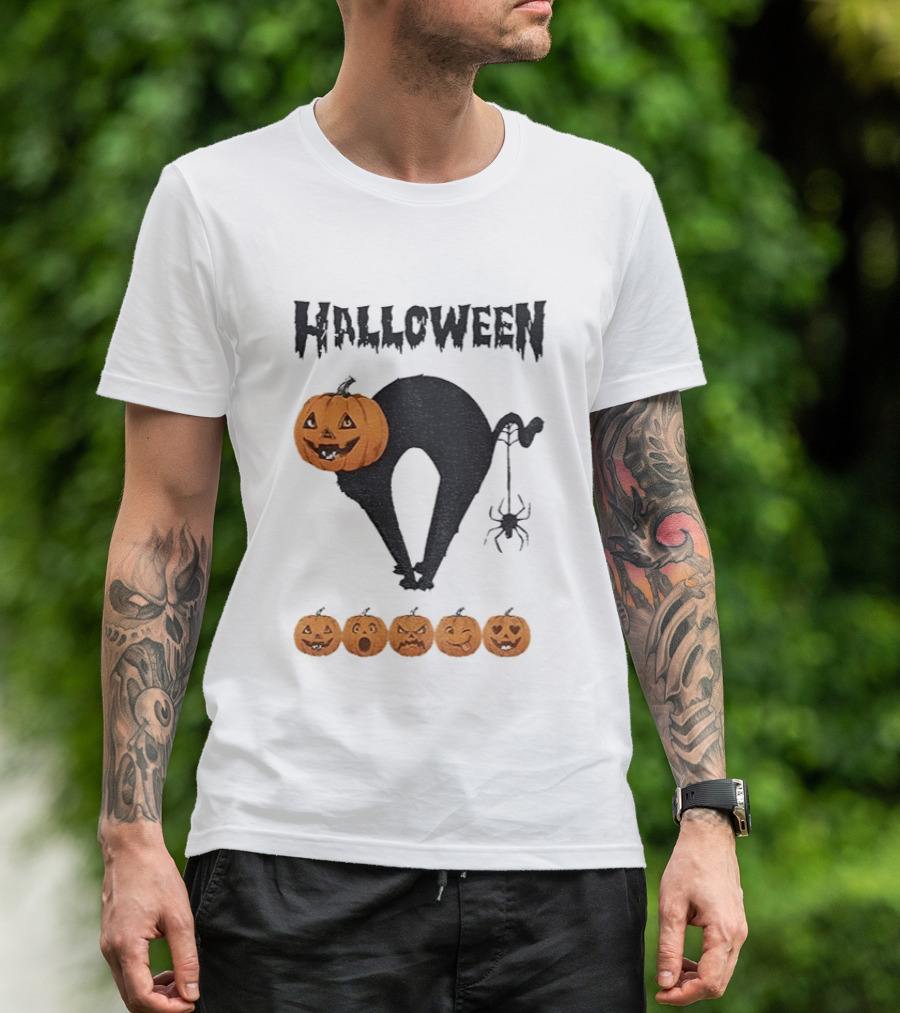 Halloween Pumpkin Cat Black Spider Five Jack O' Lanterns T-Shirt