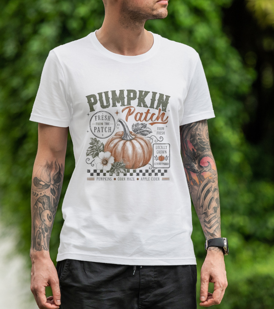 Pumpkin Patch Fresh From Locally Grown Pumpkins Corn Maze Apple Cider Distressed Leaves T-Shirt