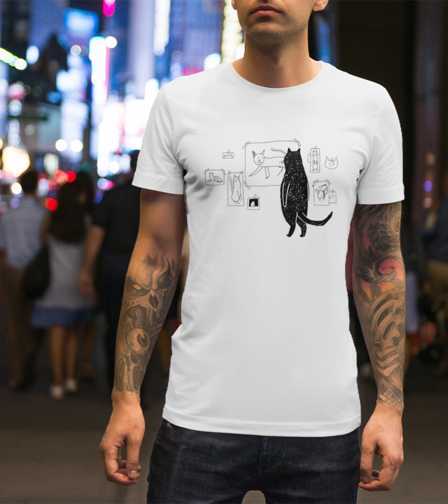 Black Cat Standing Looking At Sketches Line Drawing Wall Gallery T-Shirt