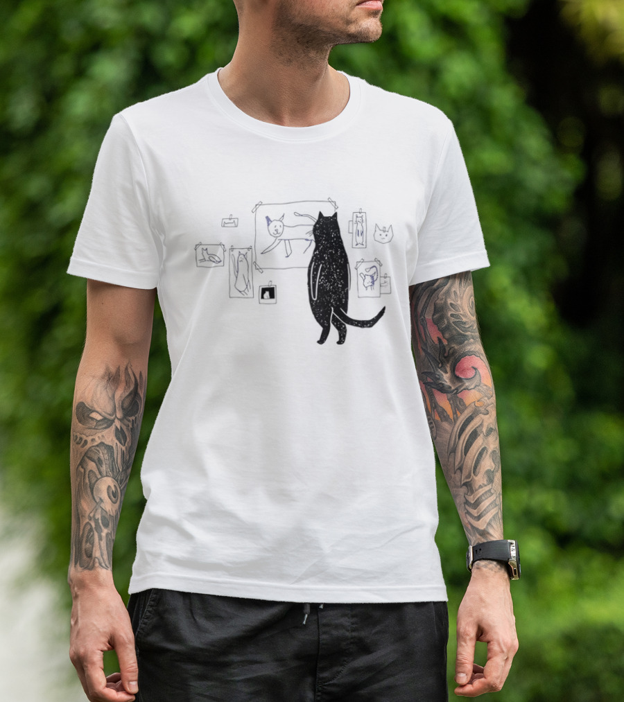 Black Cat Standing Looking At Sketches Line Drawing Wall Gallery T-Shirt