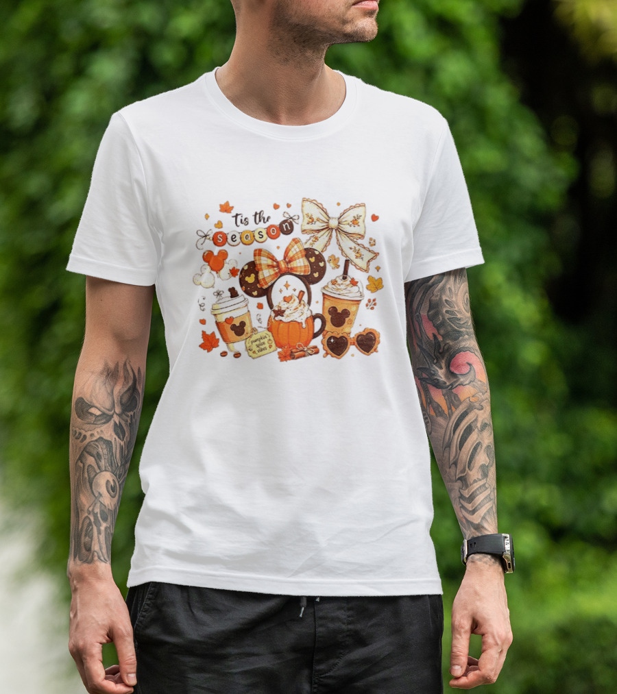 Tis The Season Disney Pumpkin Spice Autumn Coffee Ears And Bows T-Shirt