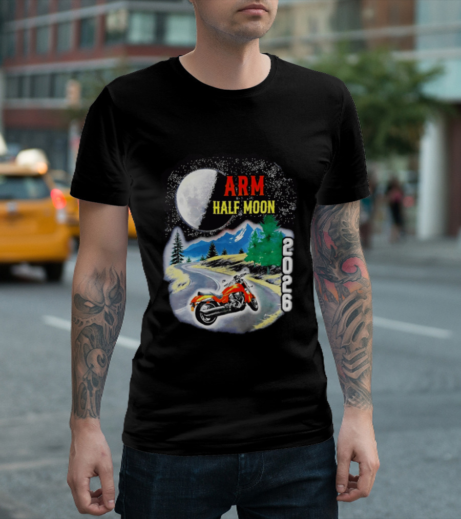 Arm Half Moon 2026 Orange Motorcycle Winding Mountain Road Night Sky T-Shirt