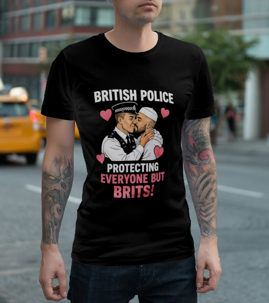 British Police Protecting Everyone But Brits Kissing Illustration With Hearts T-Shirt
