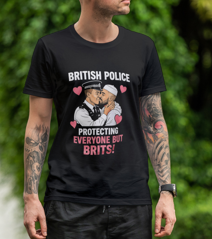 British Police Protecting Everyone But Brits Kissing Illustration With Hearts T-Shirt
