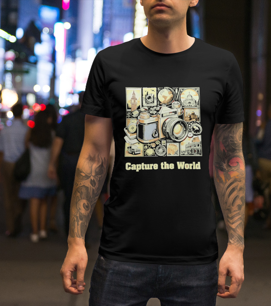 Capture The World Camera Globe Travel Landmarks Compass T-Shirt