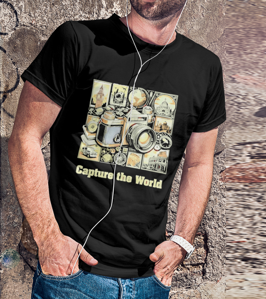 Capture The World Camera Globe Travel Landmarks Compass T-Shirt