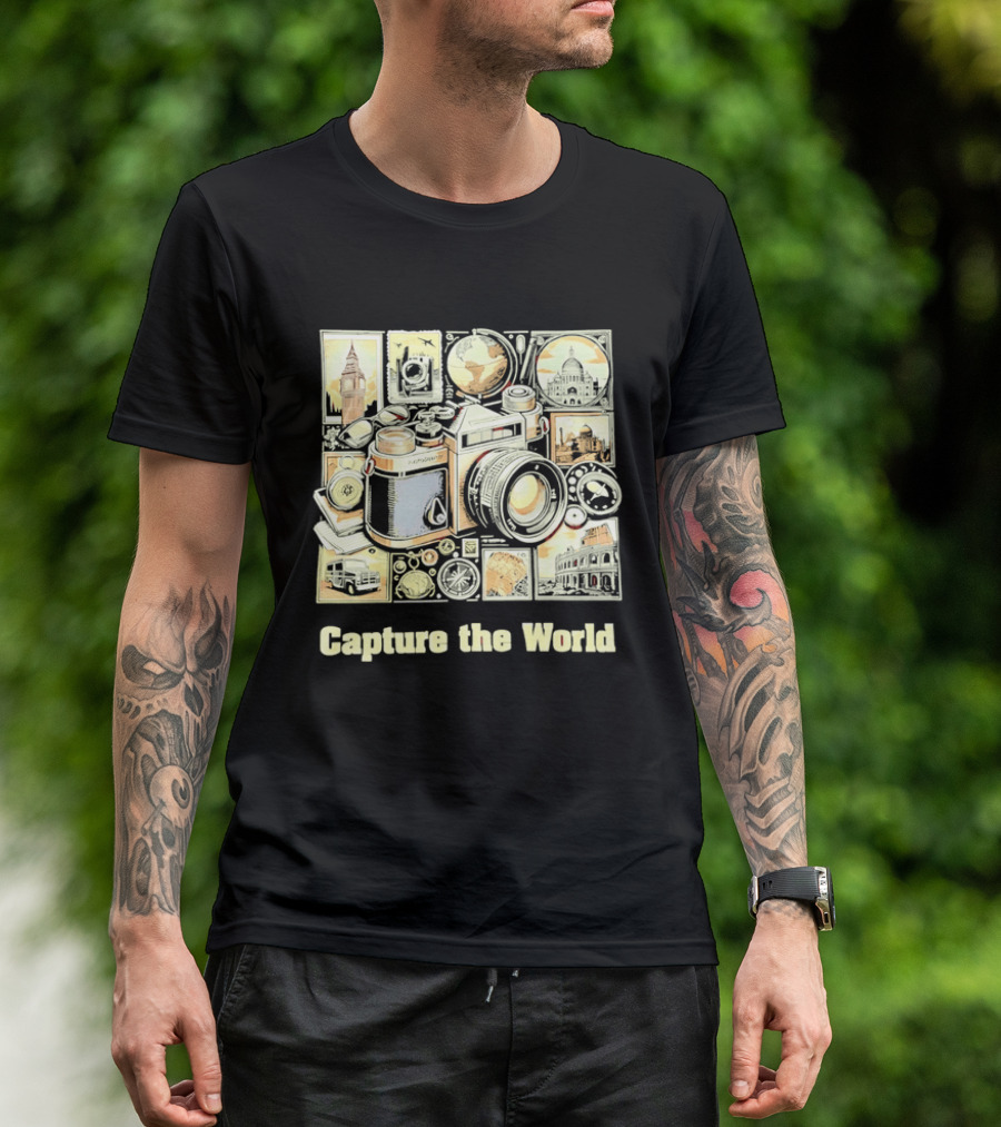 Capture The World Camera Globe Travel Landmarks Compass T-Shirt