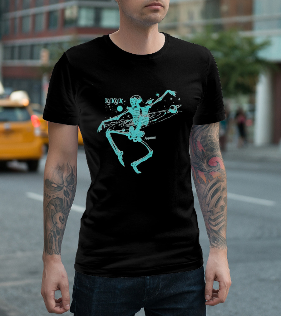 Iykyk August 2026 Cyan Dancing Skeleton With Space Orbit Sketch T-Shirt