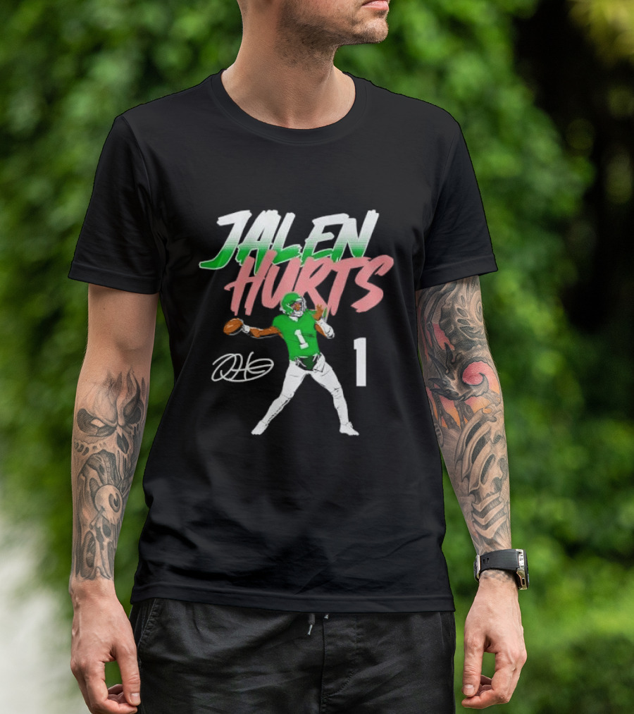 Jalen Hurts Quarterback Throwing Football Jersey Number 1 Signature Green T-Shirt