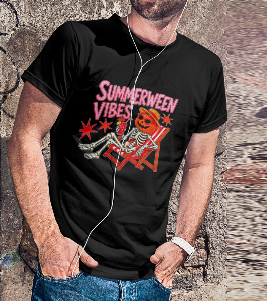 Summerween Vibes Skeleton Pumpkin Sunglasses Lounge Chair Drink T-Shirt