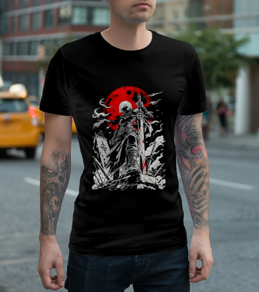 Dark Fantasy Warrior Bloody Sword Red Moon Battlefield Epic Scene T-Shirt