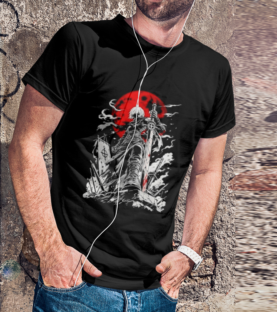 Dark Fantasy Warrior Bloody Sword Red Moon Battlefield Epic Scene T-Shirt
