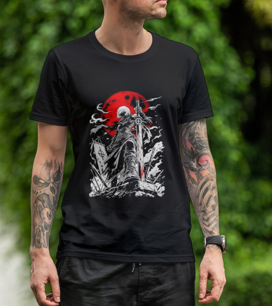 Dark Fantasy Warrior Bloody Sword Red Moon Battlefield Epic Scene T-Shirt
