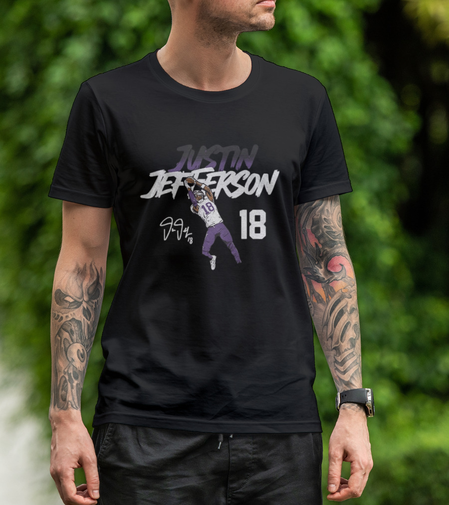 Justin Jefferson 18 Minnesota Vikings Football Star Catch NFL Player Signature T-Shirt