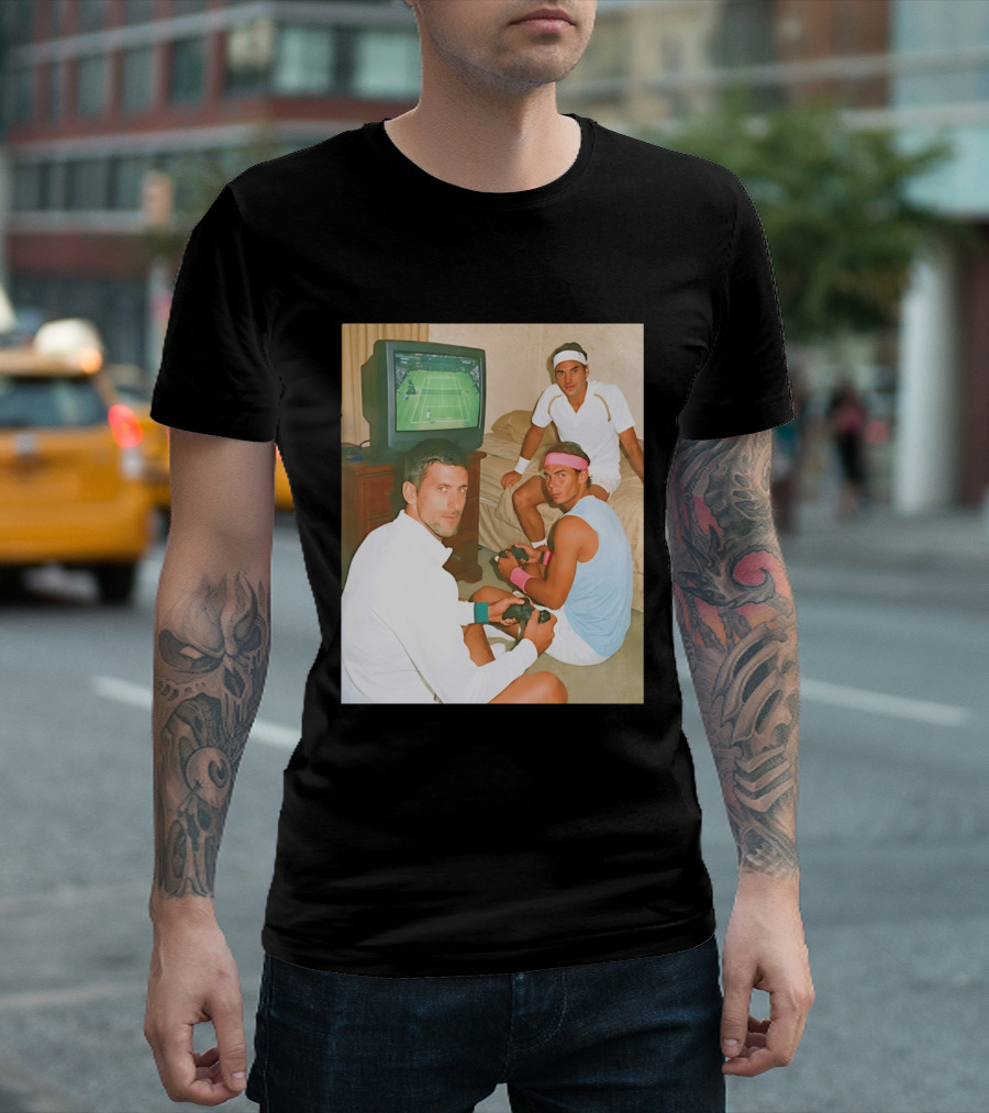 Novak Djokovic Rafael Nadal Roger Federer Playing Tennis Video Game T-Shirt