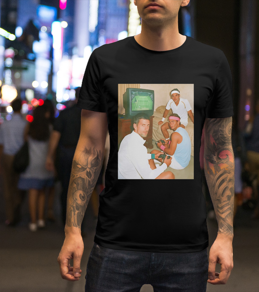 Novak Djokovic Rafael Nadal Roger Federer Playing Tennis Video Game T-Shirt