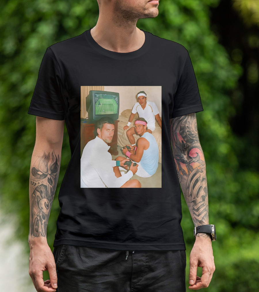Novak Djokovic Rafael Nadal Roger Federer Playing Tennis Video Game T-Shirt