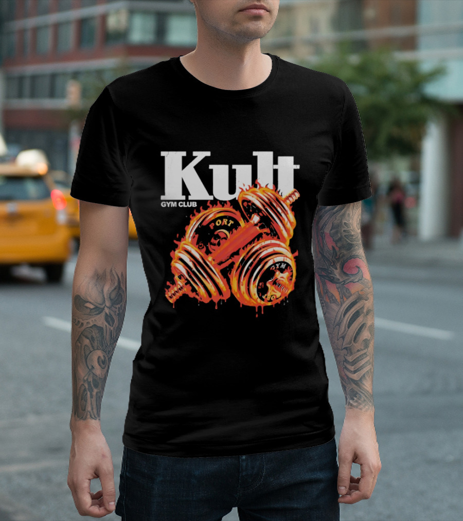 Kult Gym Club Sport Fiery Dumbbells Dripping Lava Distressed T-Shirt