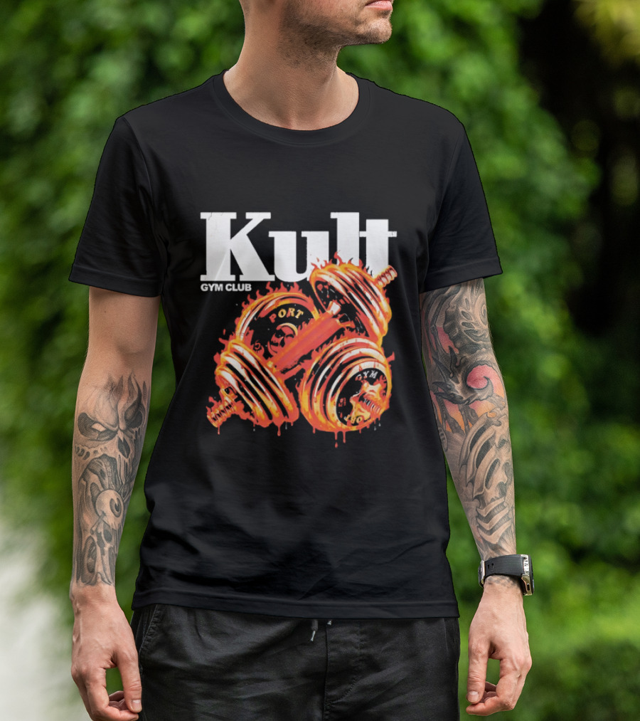 Kult Gym Club Sport Fiery Dumbbells Dripping Lava Distressed T-Shirt