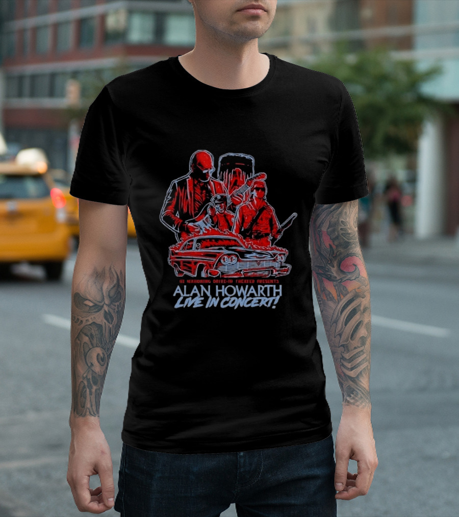 The Mahoning Drive In Theater Presents Alan Howarth Live Concert Horror Characters Flaming Car T-Shirt