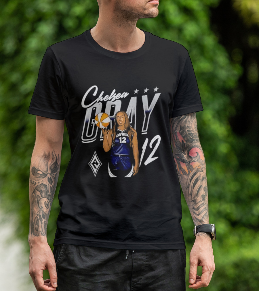 Las Vegas Aces Chelsea Gray Holding Basketball 12 Distressed T-Shirt