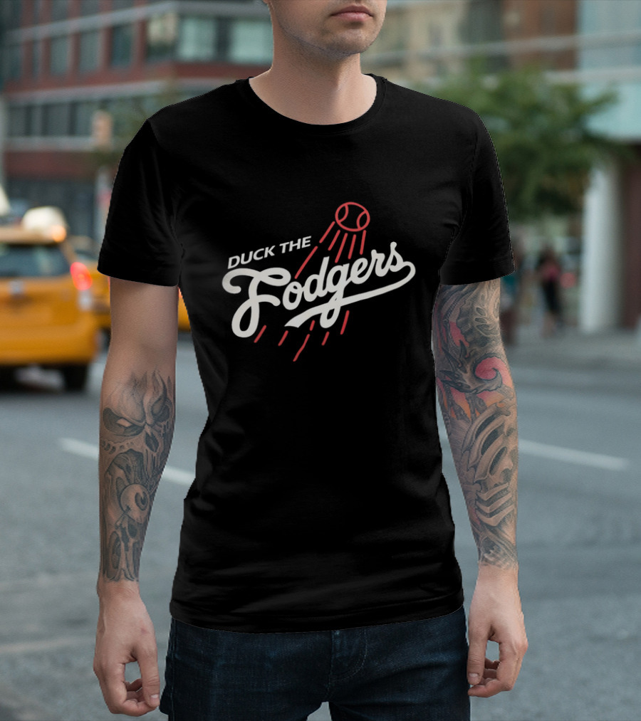 Duck The Fodgers White Script Flying Baseball Red Motion Lines T-Shirt