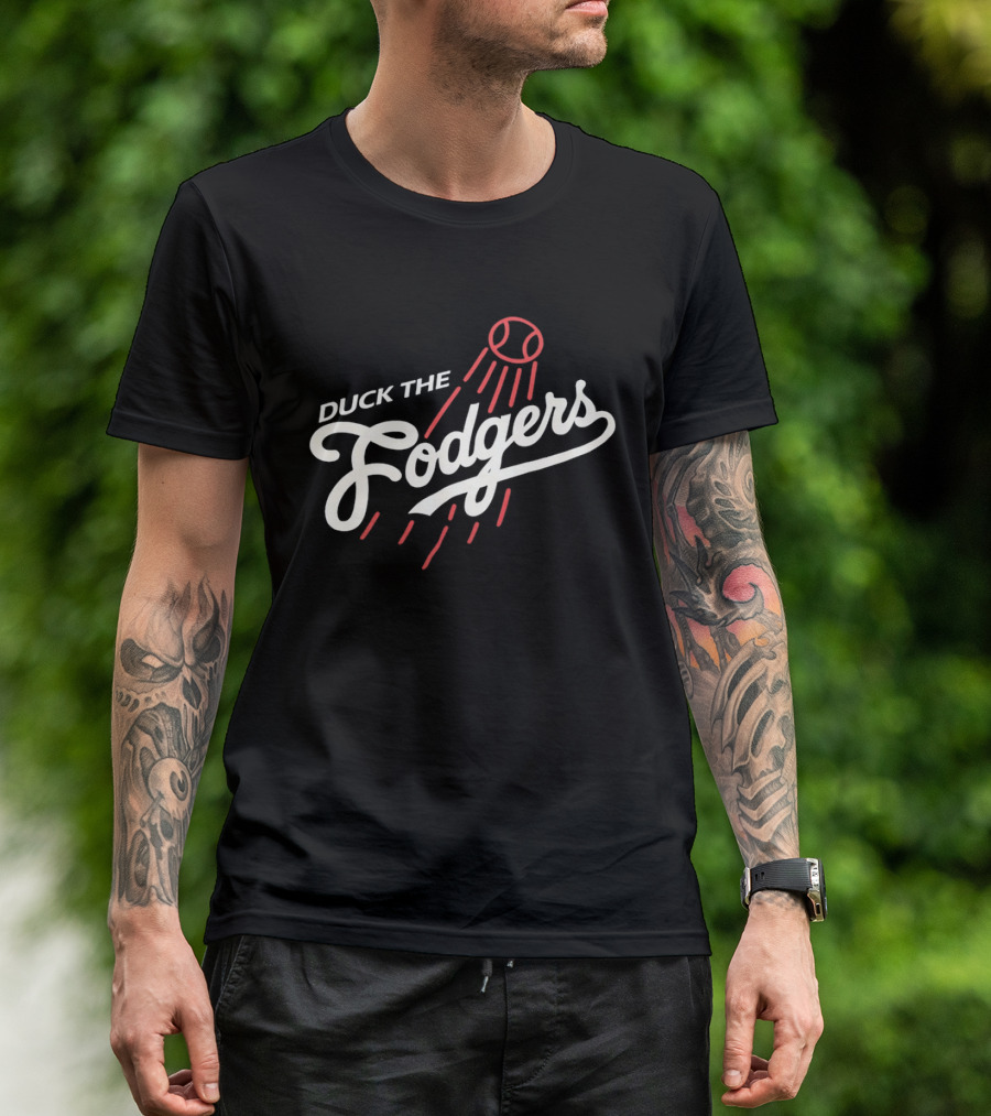 Duck The Fodgers White Script Flying Baseball Red Motion Lines T-Shirt