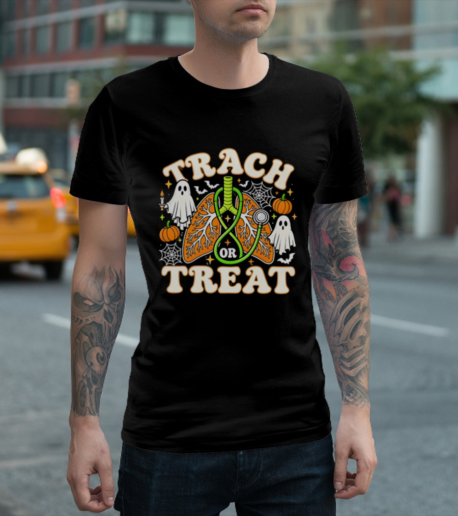 Trach Or Treat Lungs Stethoscope Ghosts Pumpkins Spider Webs Halloween Cartoon T-Shirt