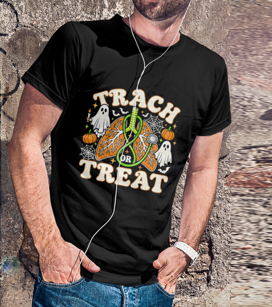 Trach Or Treat Lungs Stethoscope Ghosts Pumpkins Spider Webs Halloween Cartoon T-Shirt