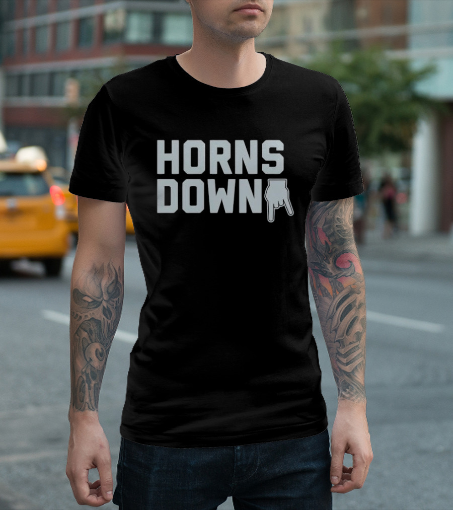 Horns Down Hand Gesture Block Lettering Pointing Finger Sign T-Shirt