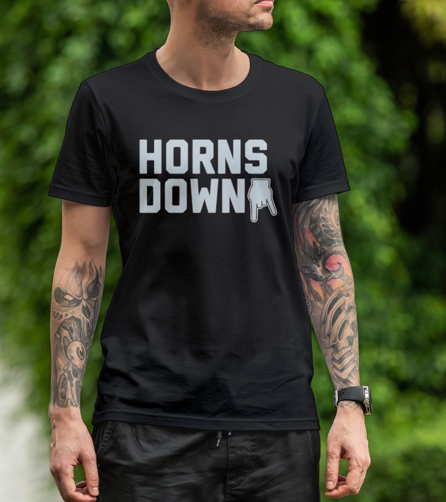 Horns Down Hand Gesture Block Lettering Pointing Finger Sign T-Shirt