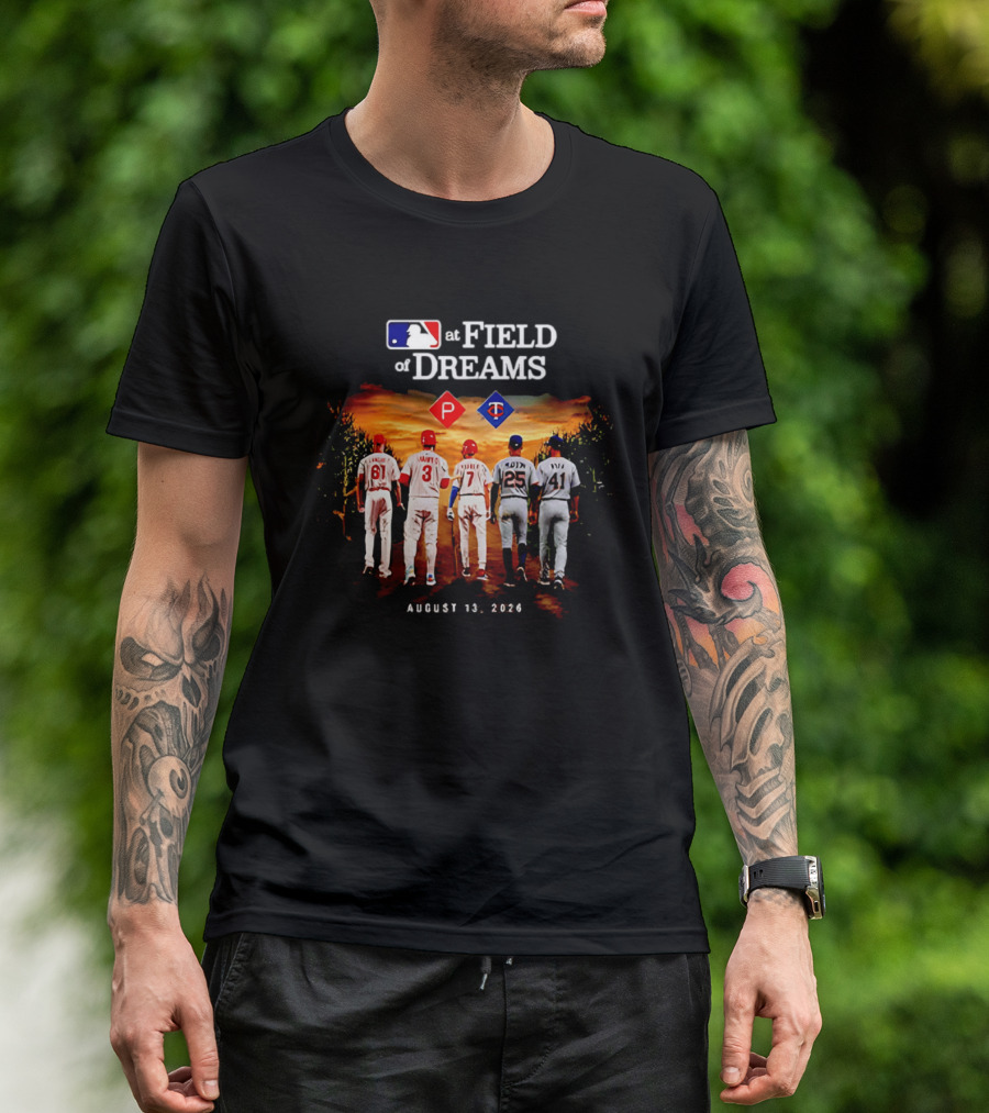MLB At Field Of Dreams August 13 2026 Philadelphia Minnesota Players Walking Into Cornfield T-Shirt