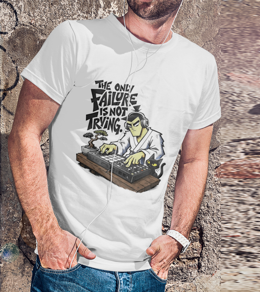 The Only Failure Is Not Trying Samurai DJ With Cat And Bonsai T-Shirt