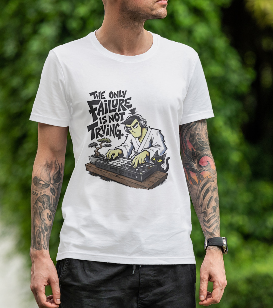 The Only Failure Is Not Trying Samurai DJ With Cat And Bonsai T-Shirt