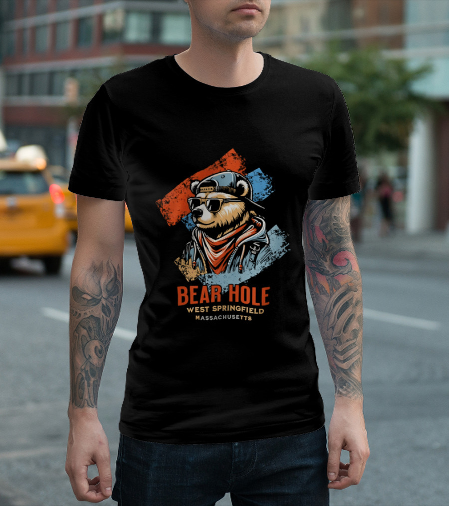 Bear Hole West Springfield Massachusetts Bear Wearing Sunglasses Cap Bandana Distressed T-Shirt
