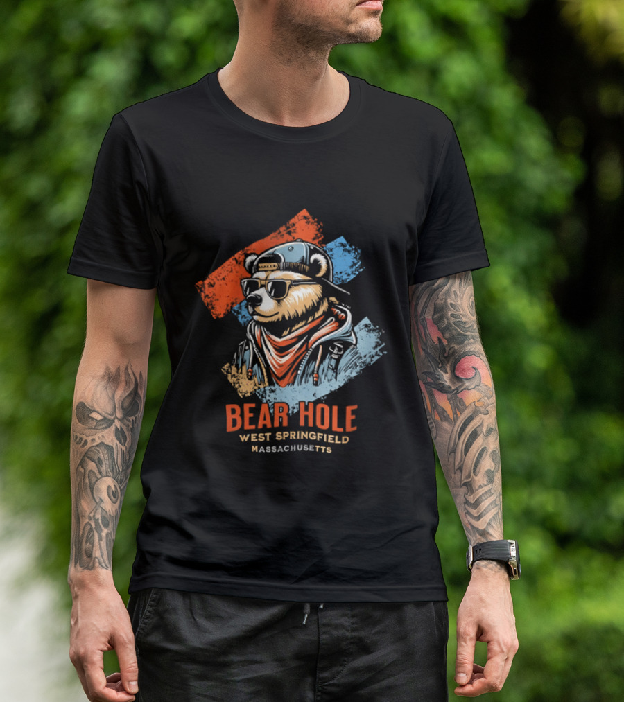 Bear Hole West Springfield Massachusetts Bear Wearing Sunglasses Cap Bandana Distressed T-Shirt