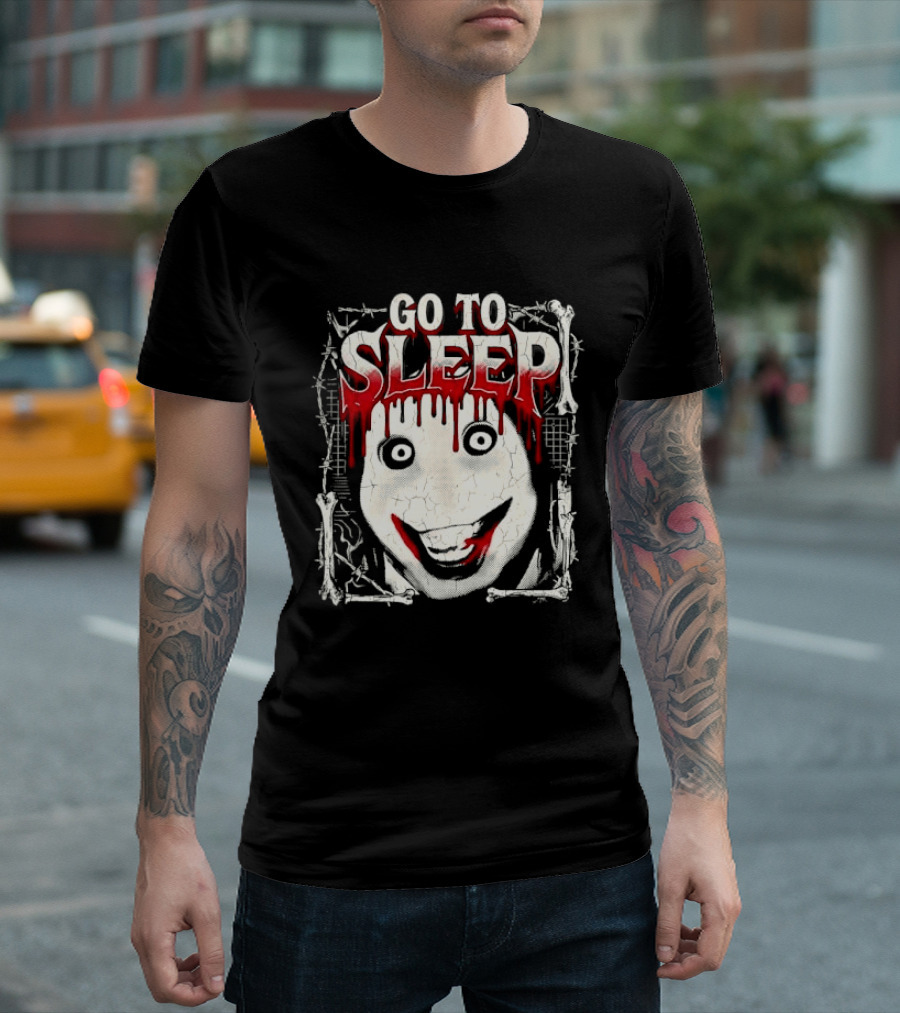 Go To Sleep Creepy Pale Face Bloody Smile Barbed Wire Bones T-Shirt