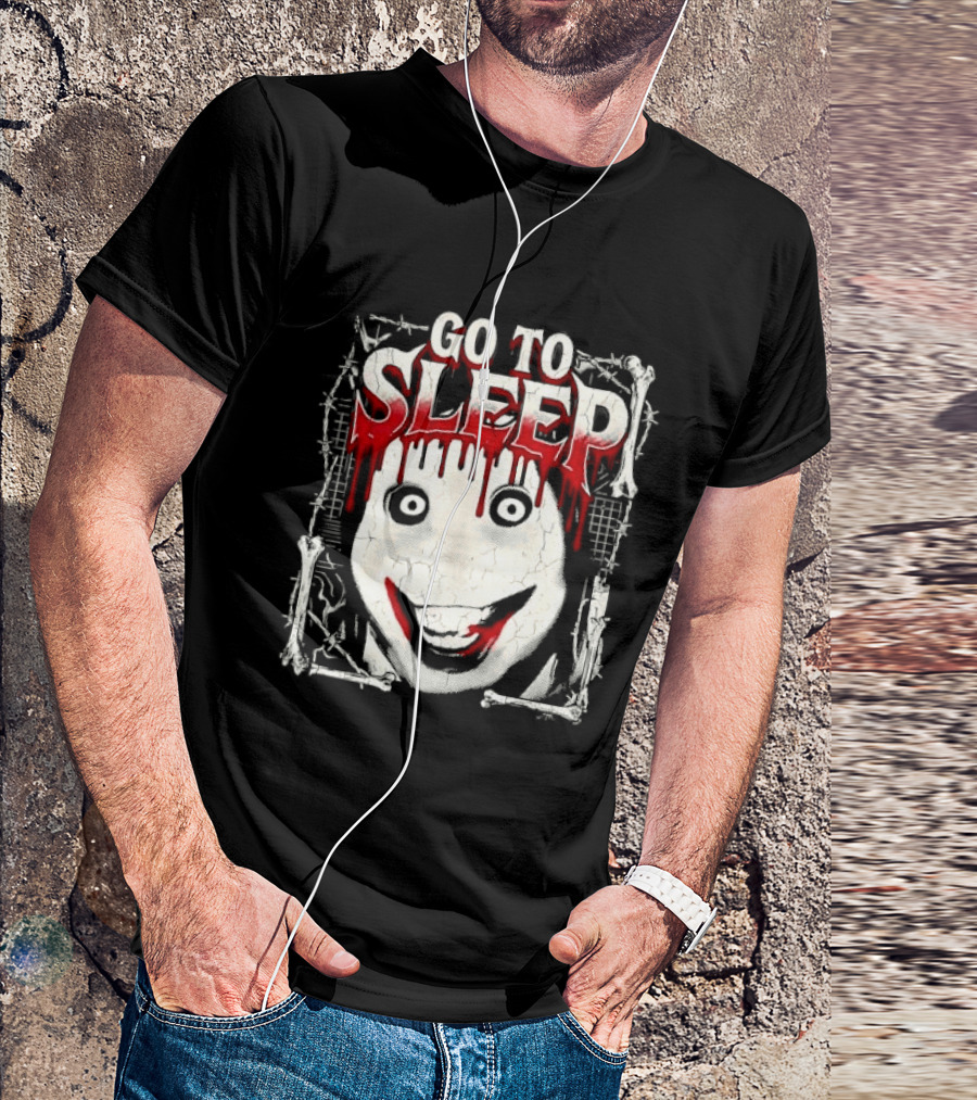 Go To Sleep Creepy Pale Face Bloody Smile Barbed Wire Bones T-Shirt